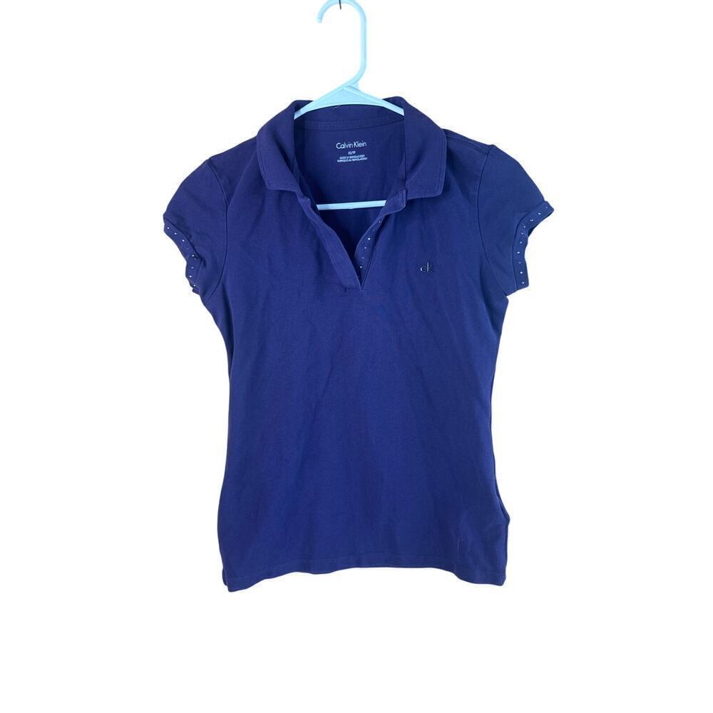 Y2K Calvin Klein Women’s V-Neck Polo Top XS Purple Cotton Blend Short Sleeve